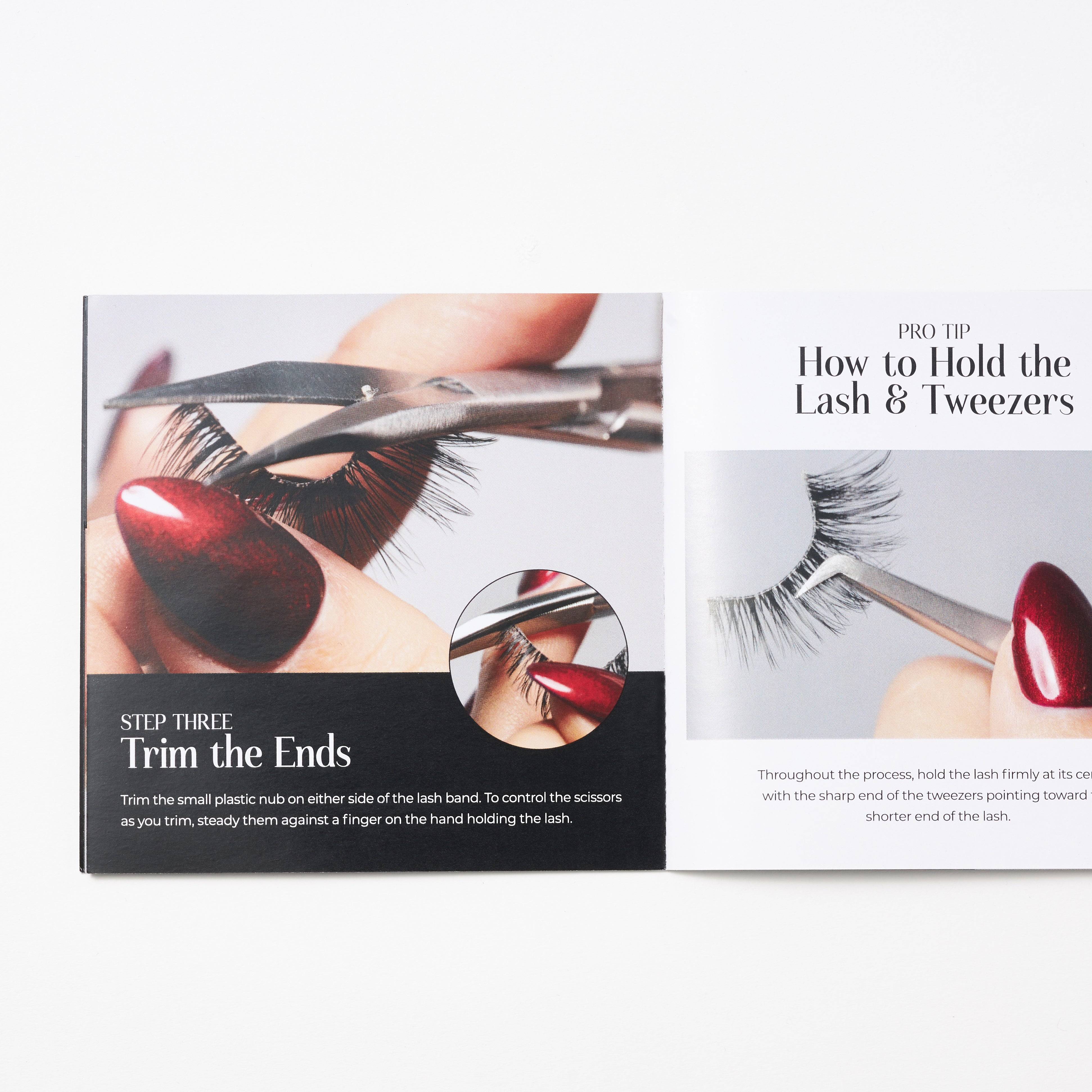 Eyelace booklet showing lash trimming instructions